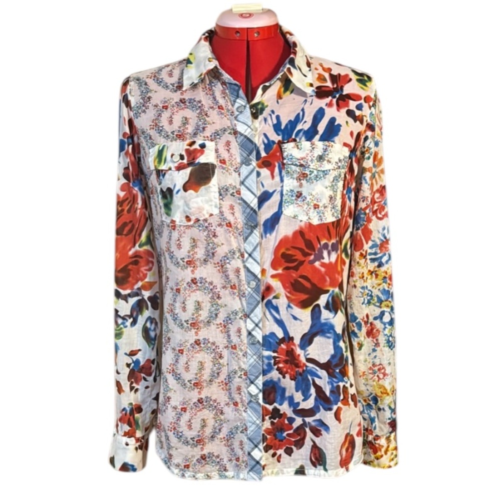 Desigual Western Inspired Floral Multicolor Women's Front Snap Top Size Large